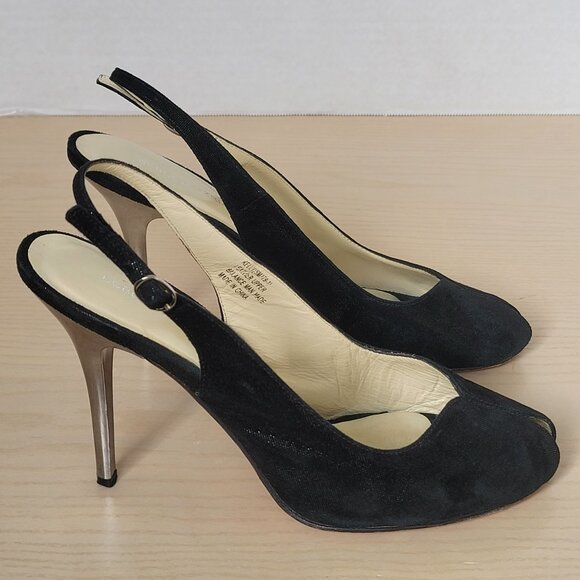 BCBGMAXAZRIA Kelly Black Metallic Leather Peep Toe Heels Size EU 39/US 8.5 - Picture 1 of 16